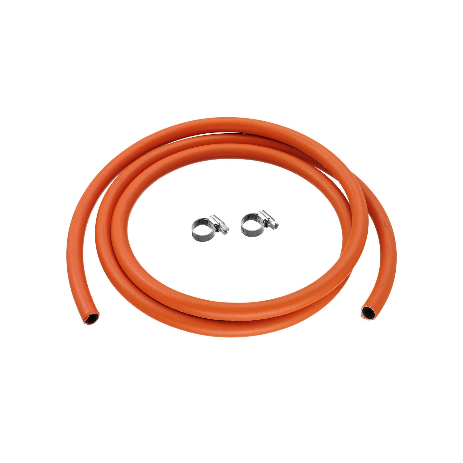 An orange 2m gas hose with two metal hose clips.