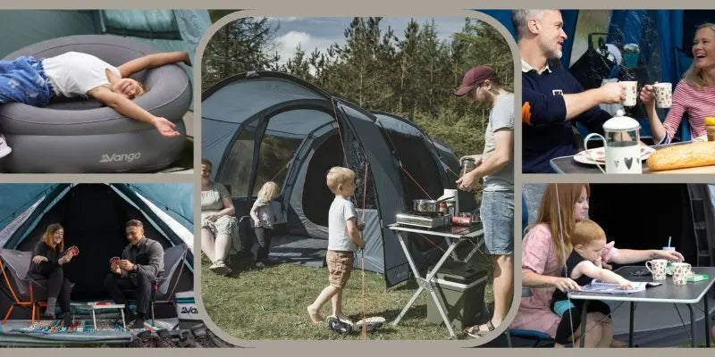 Collage of people camping outdoors with tents and activities.