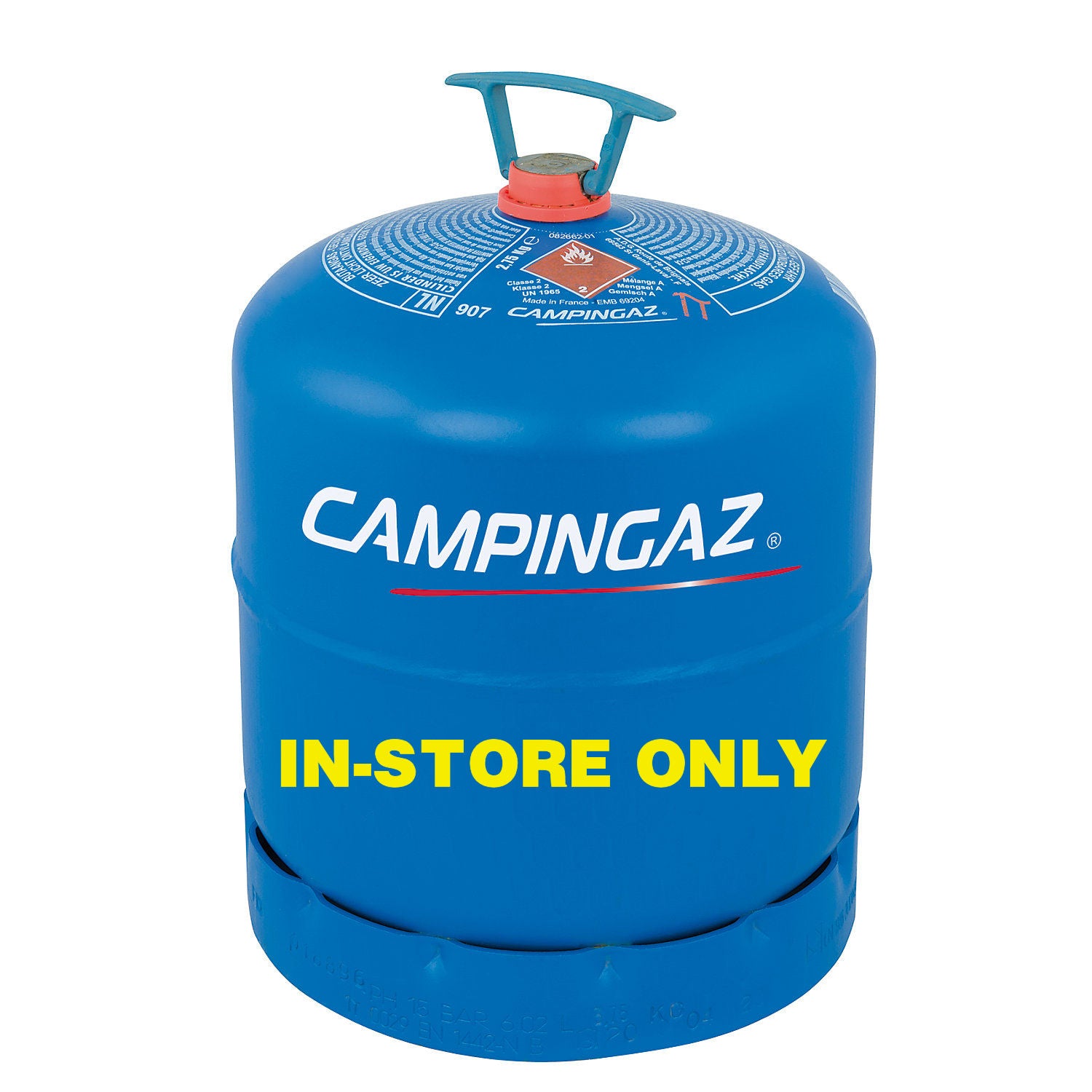 A blue Campingaz 907 gas cylinder with a red valve, labeled 'IN-STORE ONLY'.