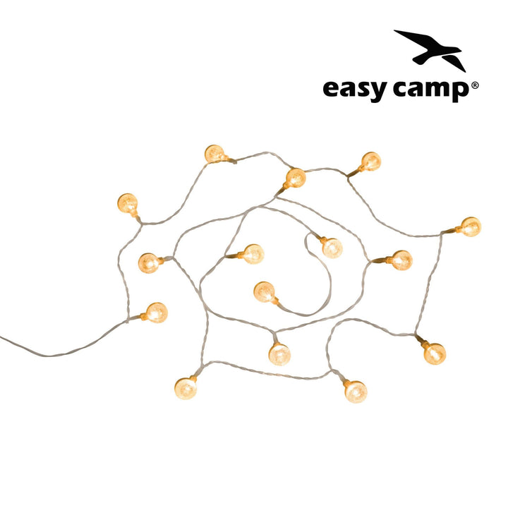 A white Easy Camp Blur Light Chain with 15 bulb-shaped LED lights connected to a battery box, against a white background.
