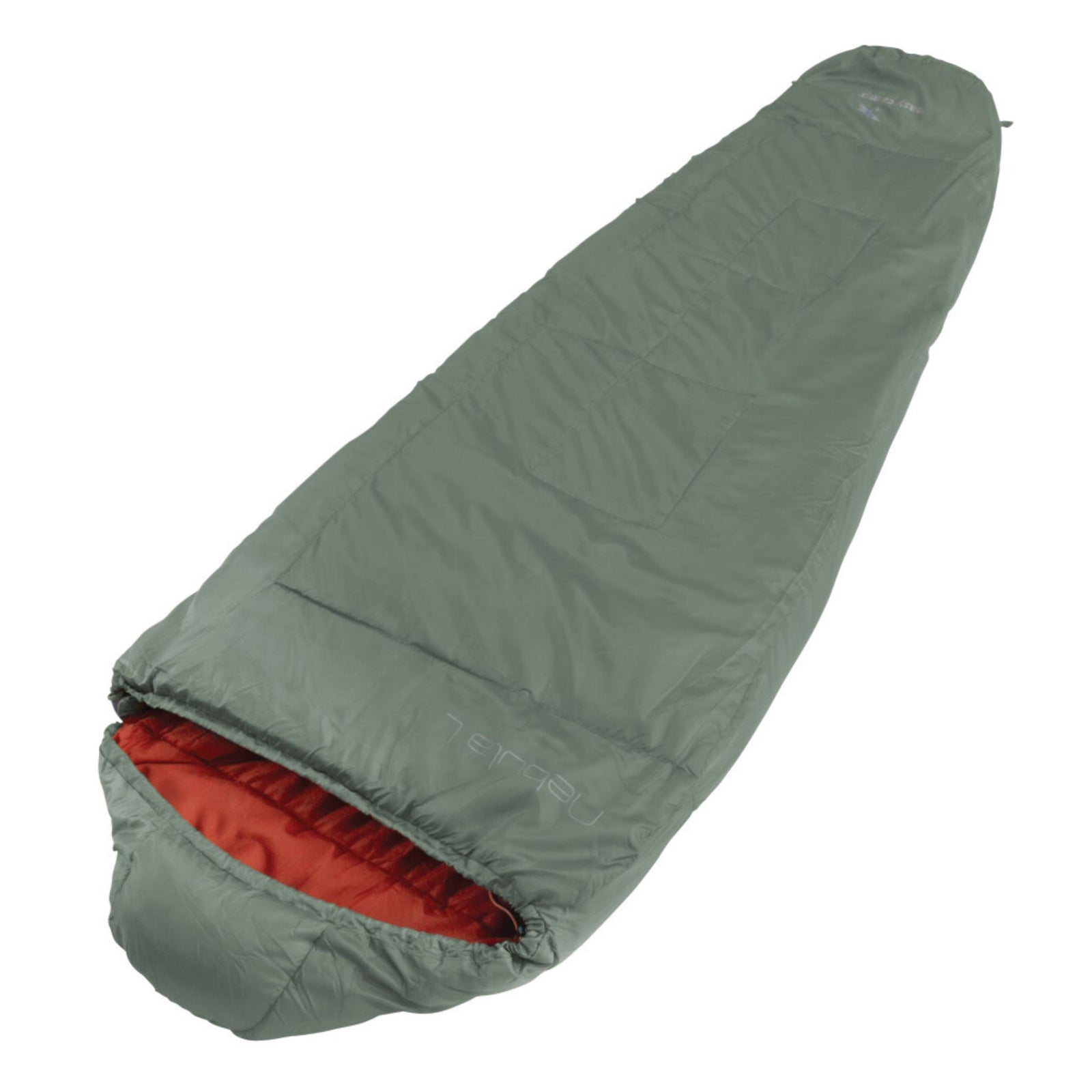 A green and gray Easy Camp Nebula L sleeping bag with a ridge hood and a full-length zip.
