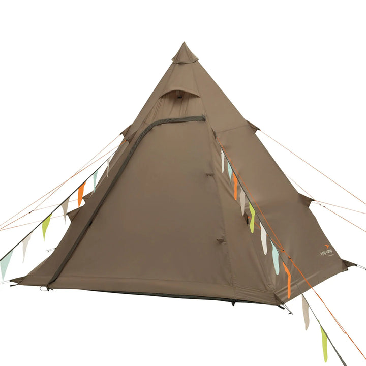 Angled side view of the Easy Camp Otra Tipi tent with decorative bunting, great for camping festivals.
