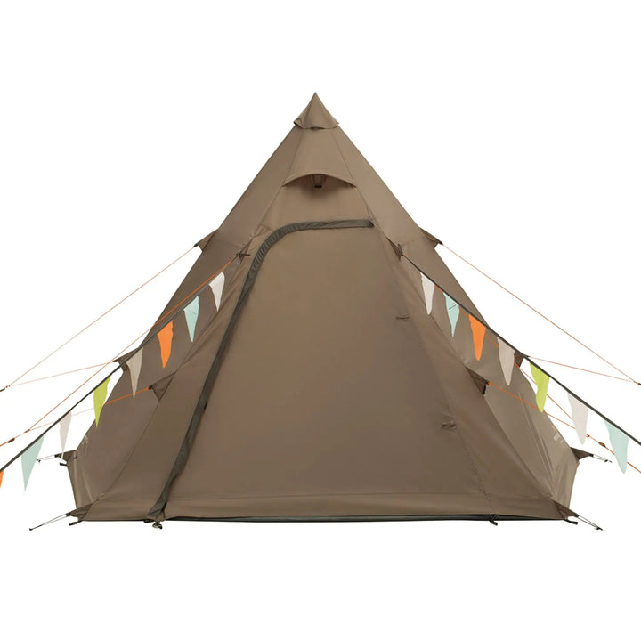 Full frontal view of the Easy Camp Otra Tipi tent showcasing its spacious entry, designed for festival camping.