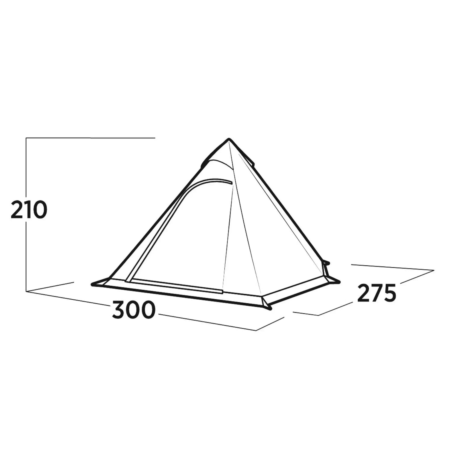 Technical drawing of the Easy Camp Otra Tipi tent dimensions, highlighting its height and width for festival use.