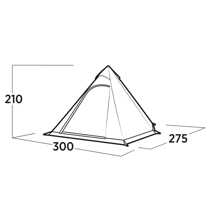 Technical drawing of the Easy Camp Otra Tipi tent dimensions, highlighting its height and width for festival use.