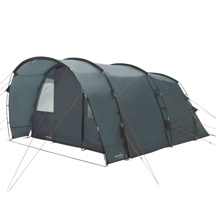 Easy Camp Skarvan 5 person tent showcasing its large front entrance and multiple windows, ideal for family camping trips.