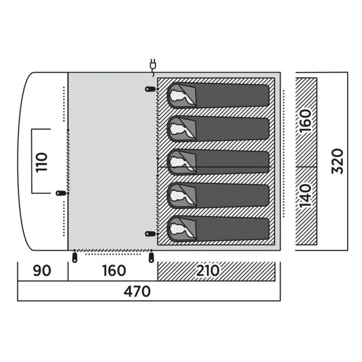 Easy Camp Skarvan 5 person tent floorplan diagram, showing room layout with a spacious living area and sleeping zones for five people.