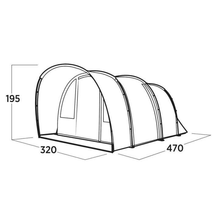 Easy Camp Skarvan 5 person tent size diagram, showing its overall width, height, and length for family camping comfort.