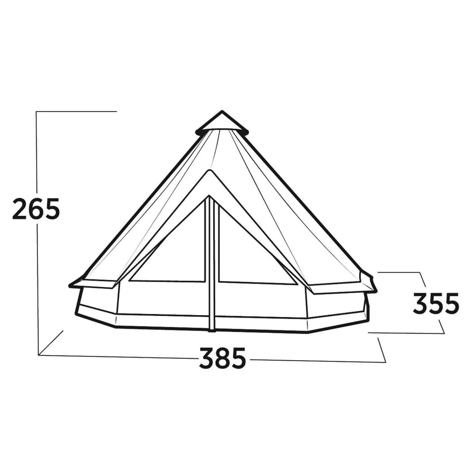 Dimensions diagram of the Easy Camp Vaulen Tipi Tent, showing height and width for 7 person capacity.