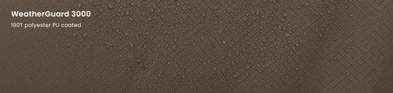 Close-up of Easy Camp WeatherGuard 3000 fabric with 190T polyester PU coating and fire-retardant properties, showing water droplets on the surface for waterproof durability.