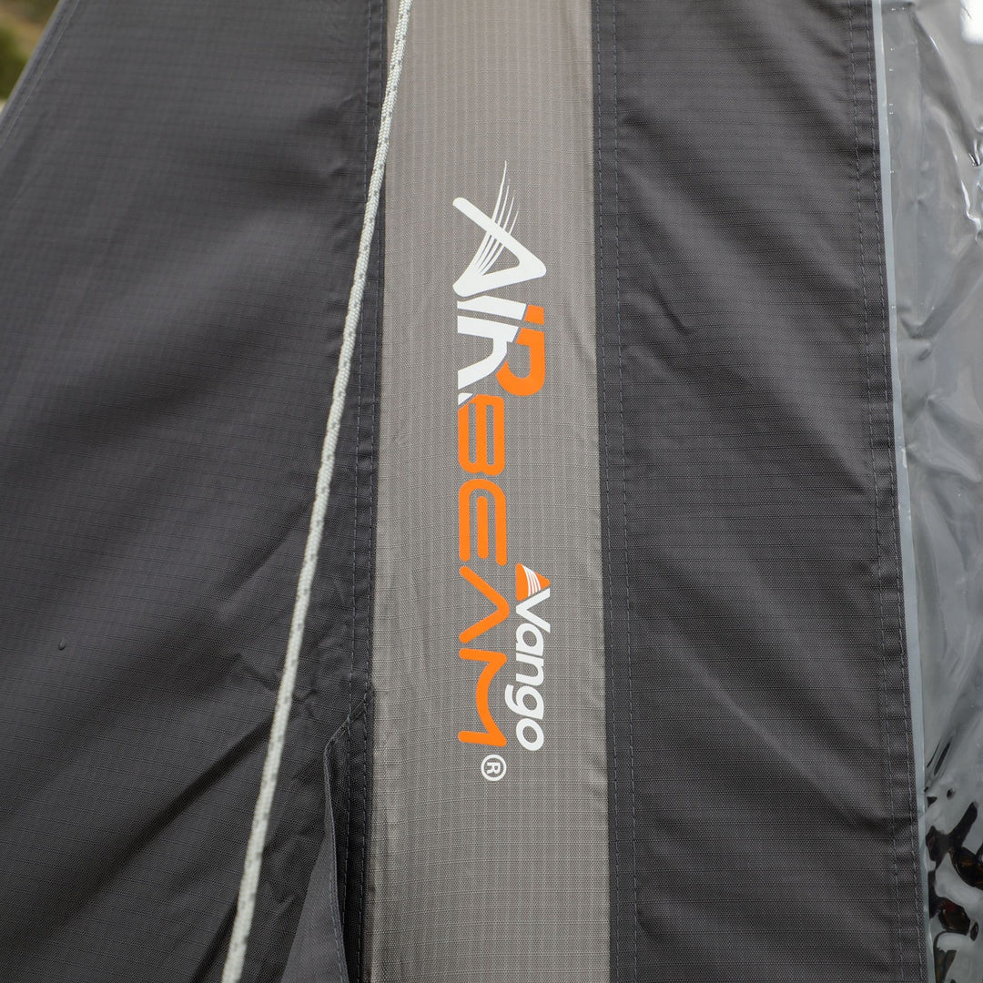 Close-up view of the Vango AirBeam logo on an inflatable awning, highlighting the durable and innovative AirBeam technology used in Vango inflatable awnings.