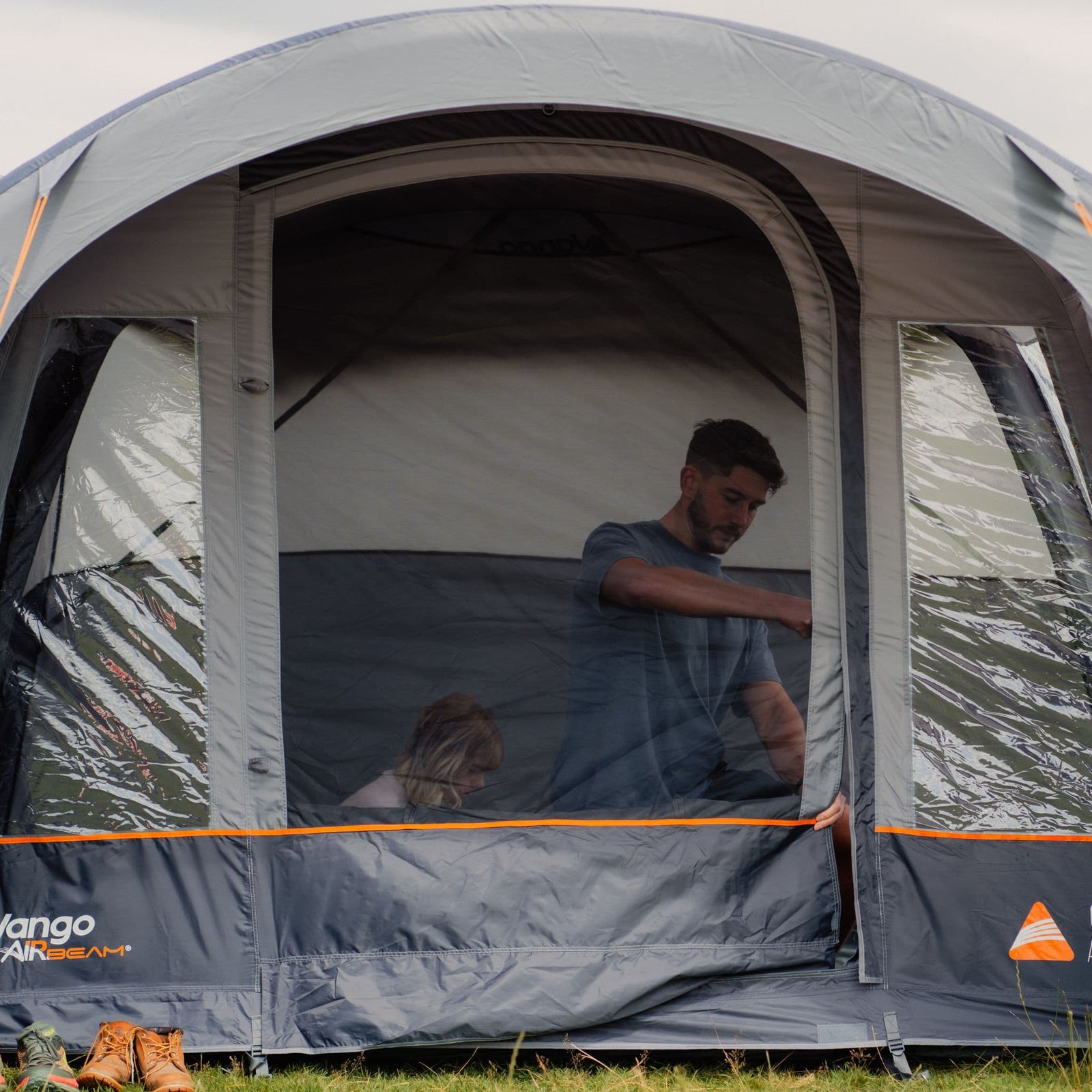 Close-up of the Vango Cove III Air Awning's mesh front door, designed for airflow while keeping insects out.