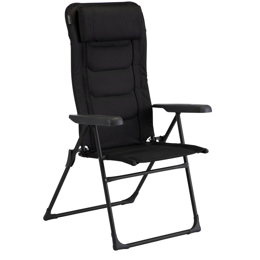 Vango Hampton DLX reclining camping chair, black colour, side view showing padded backrest and armrests.