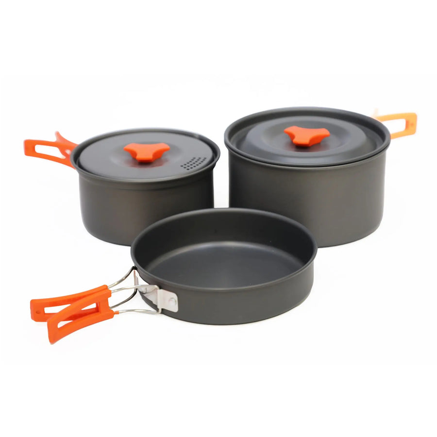 Vango Hard Anodised 2 Person Cook Kit featuring lightweight pots and a frying pan with orange handles, ideal for camping and campervanning.