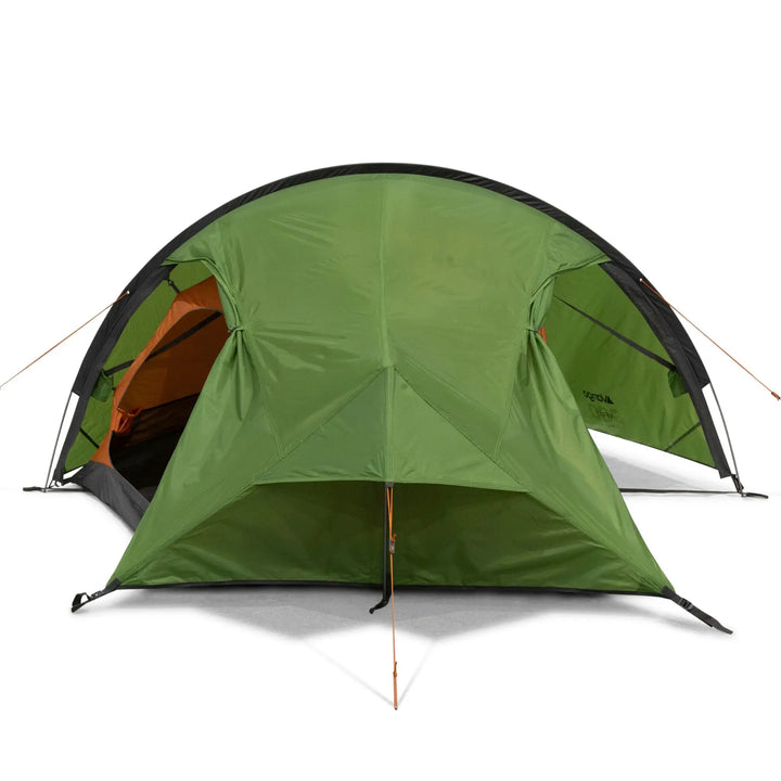 Rear view of the Vango Nevis 300 tent, showcasing its aerodynamic design for compact and lightweight trekking adventures.