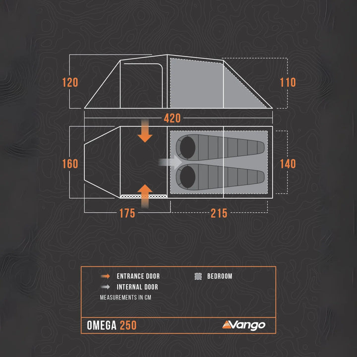 Vango Omega 250 Tent 2025 Floorplan with dimensions.
