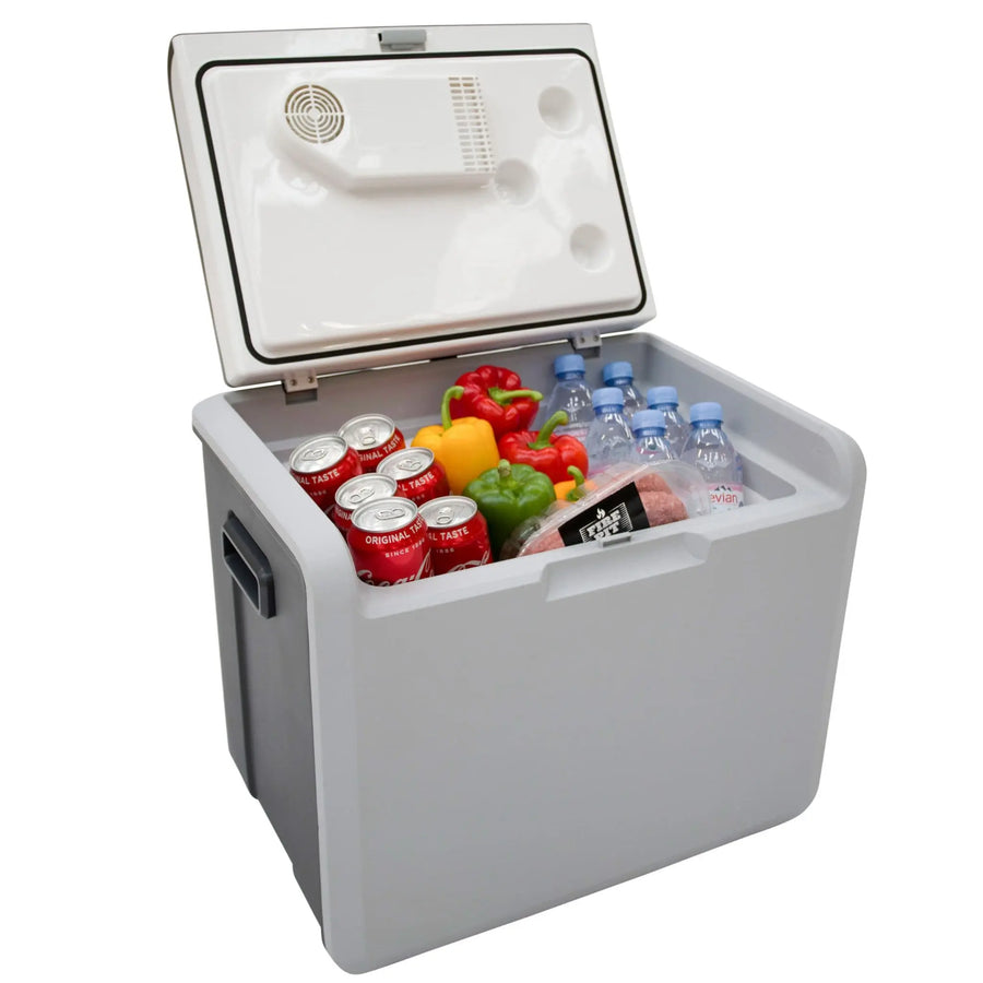 Vango Pinnacle 40L Electric Cool Box with food and drinks on a white background