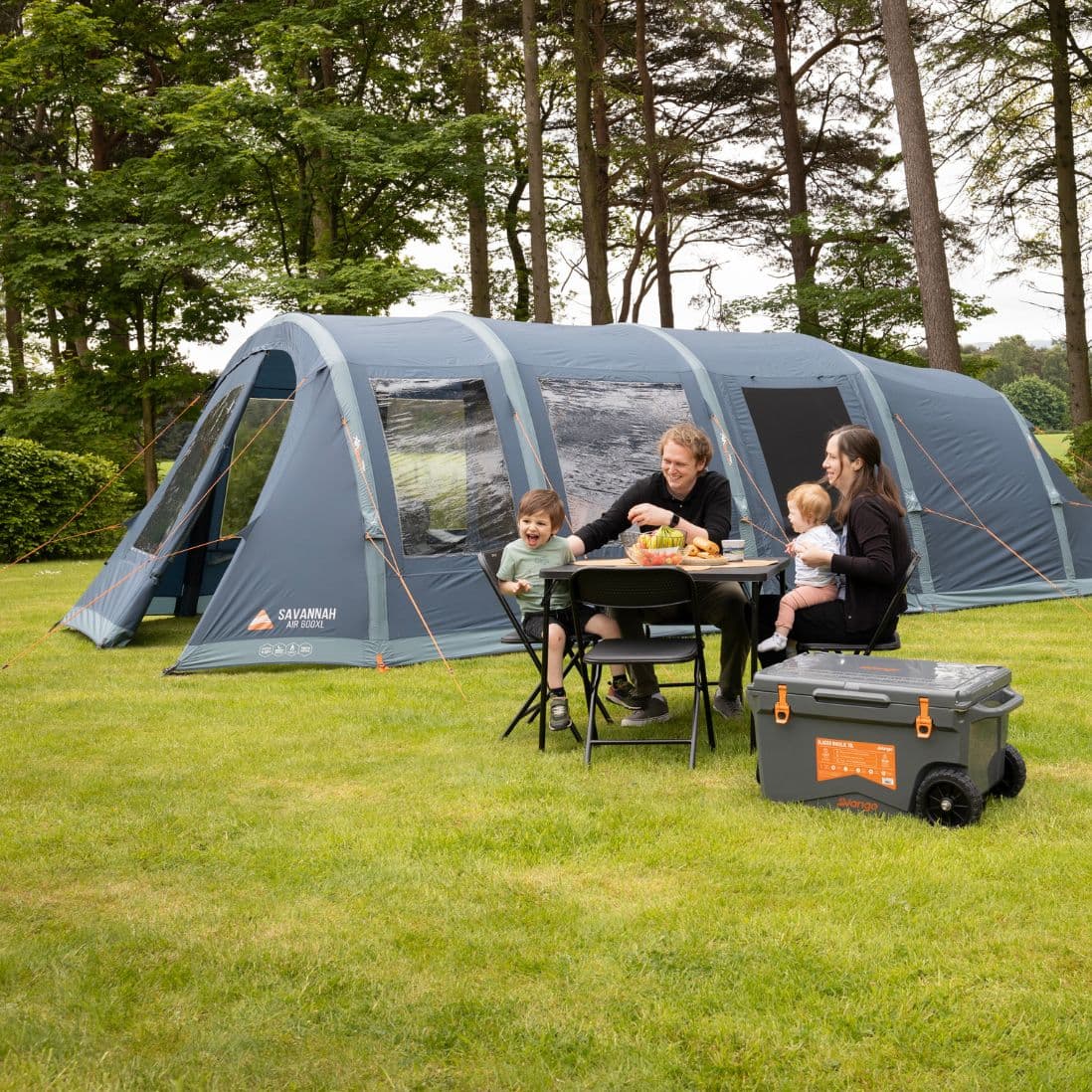 Vango Savannah Air 600xl - 6 Person Airbeam tent pitched in woodland setting.