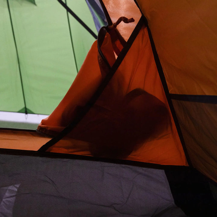 Inside view of the Vango Scafell 200 Tent, featuring inner storage pocket for the rollaway inner tent doorand ventilation designed for 2-person backpacking trips.