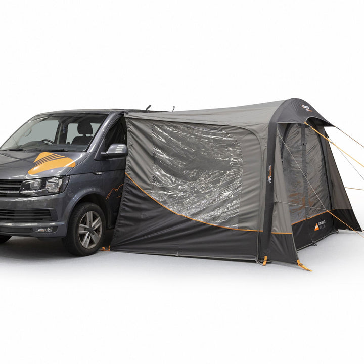 Another side view of the Vango Sunlight Air camper van sun canopy showcasing its large clear windows and robust design.