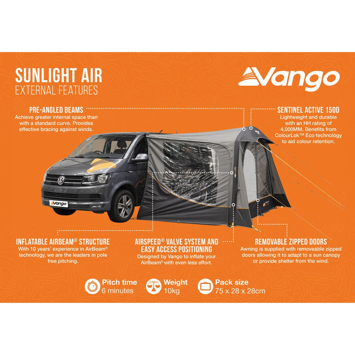 Vango Sunlight Air external features infographic, highlighting benefits such as Sentinel Active 150D fabric, removable doors, and AirBeam structure.