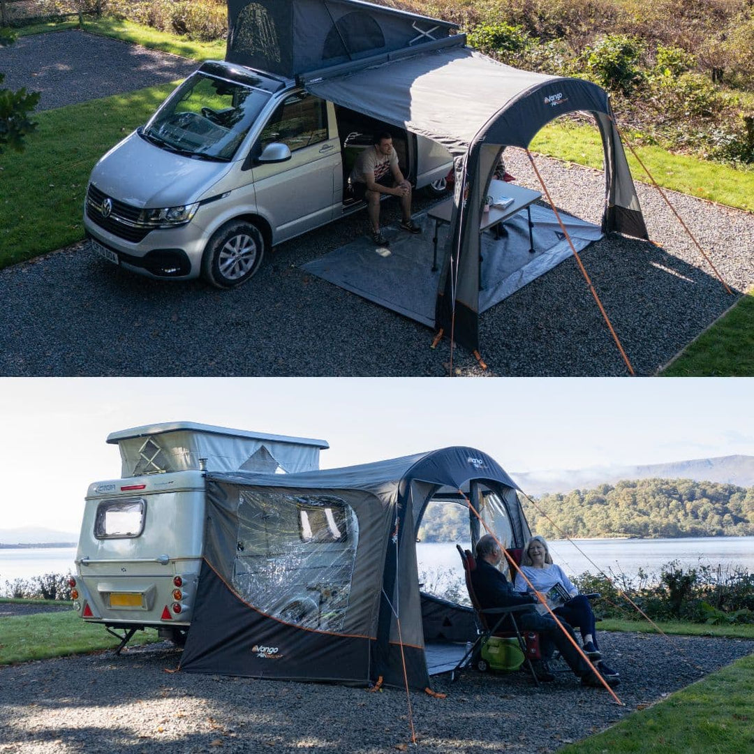 Side view of the Vango Sunlight Air sun canopy demonstrating its 2 in 1 capability as an awning or sun canopy.