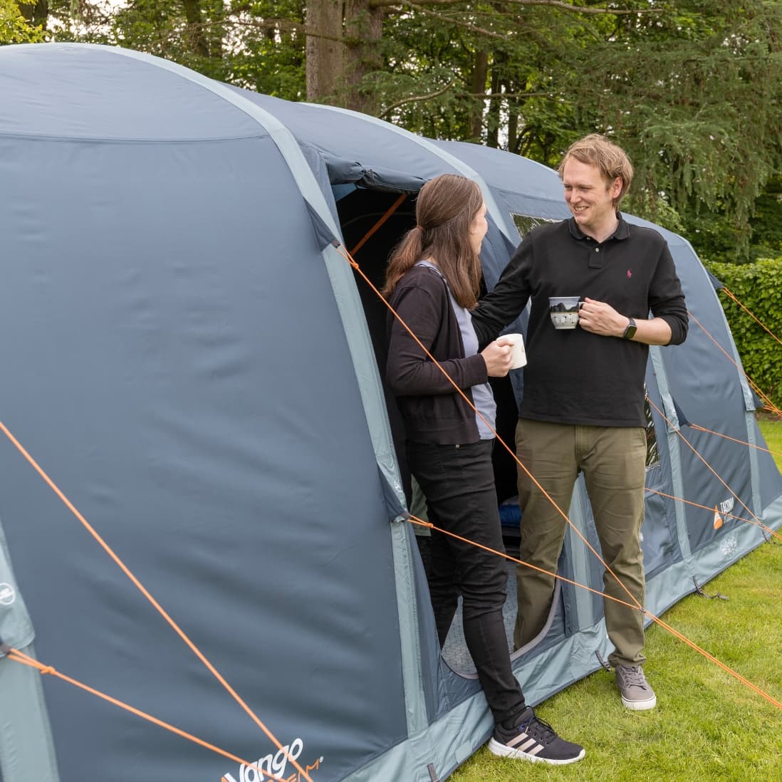 Side view of the Vango Tacoma air 800xl Airbeam tent with door open.