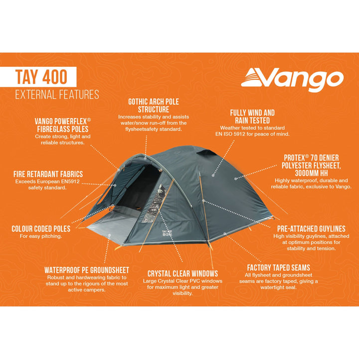 Vango Tay 400 tent's external features infographic, highlighting waterproof fabric, crystal clear windows, and pre-attached guylines, suitable for 4-person camping.