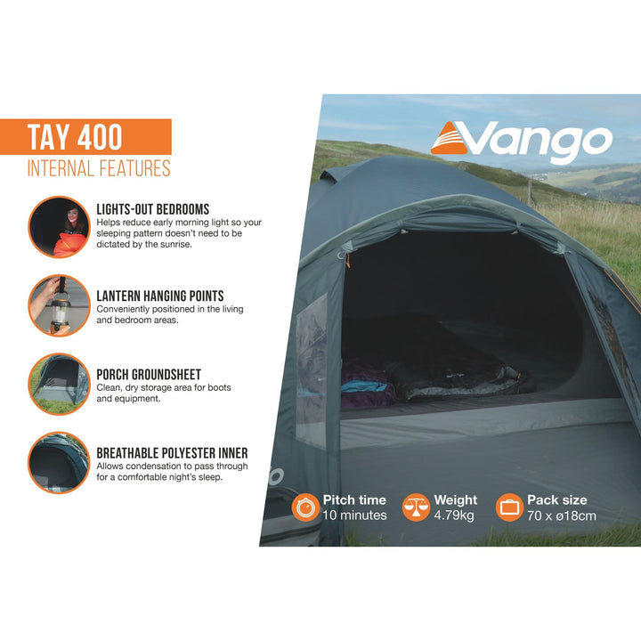 Vango Tay 400 tent's internal features infographic, showcasing its lights-out bedroom and lantern hanging points, designed for festival and family camping in a 4-person tent.