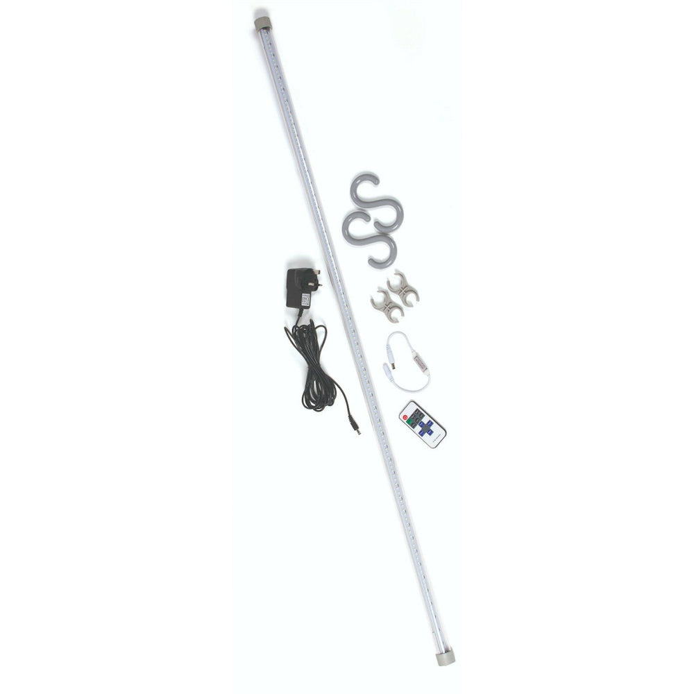 Kampa Sabrelink LED light starter kit including a long LED light bar, a remote control, a power cable, and mounting hardware such as S-hooks and a mains adaptor.