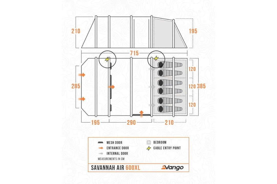 Diagram of the Vango Savannah Air 600XL tent showcasing the Cable Entry Point for convenient Camping Tent Cable Access, Awning Cable Entry Port for electrical hookups, and Tent Power Cable Entry for efficient use of electrical devices while camping.
