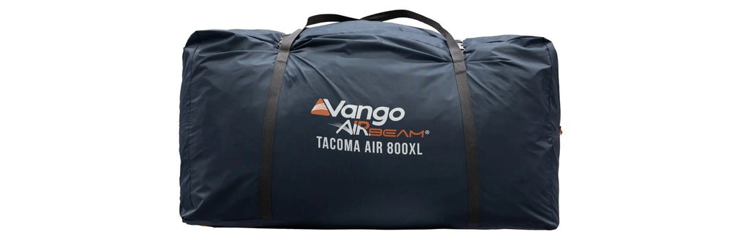 Vango AirBeam Tacoma Air 800XL tent packed in its storage bag, featuring durable carry handles for easy transportation of this large family air tent.