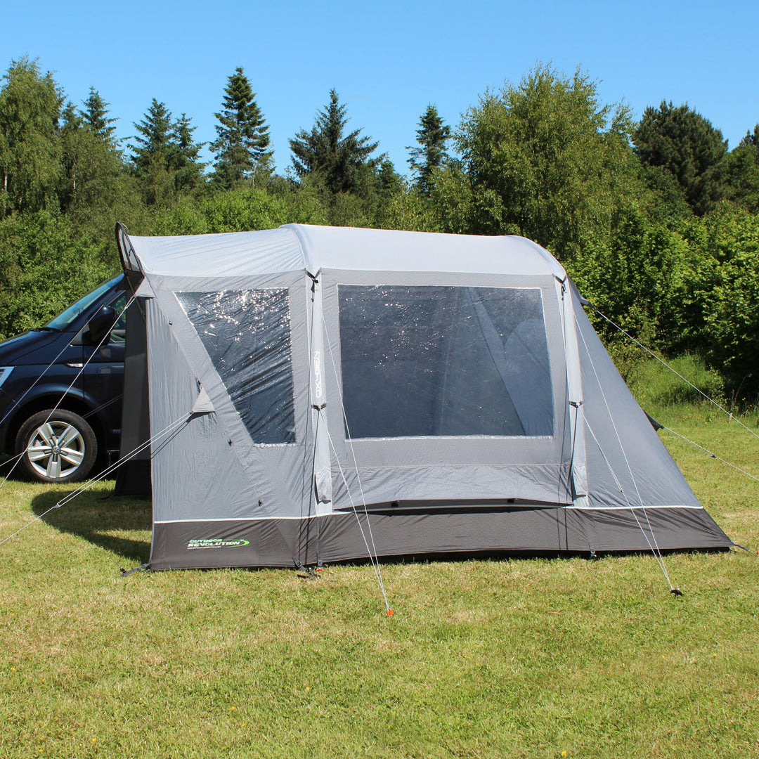 Outdoor Revolution Cayman Curl Air Low Drive Away Awning View Side with guylines attached
