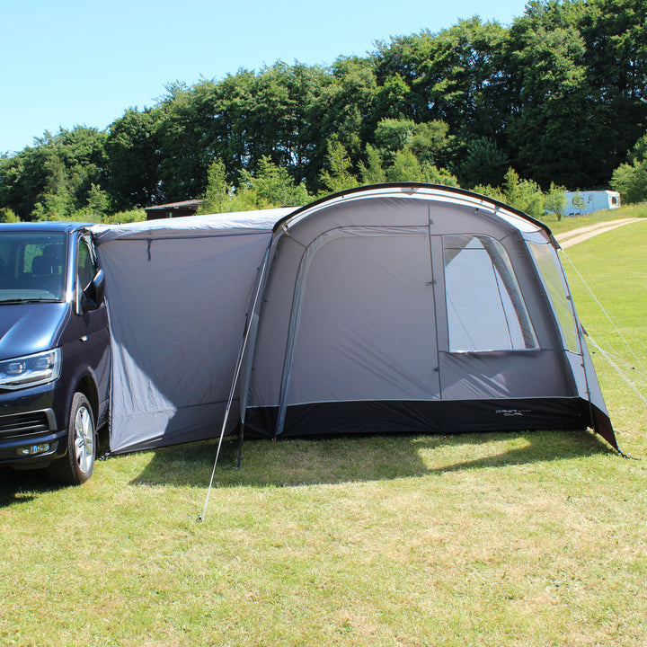 Outdoor Revolution Cayman Curl Air Mid Drive Away Awning Showing tunnel attached to VW Transporter