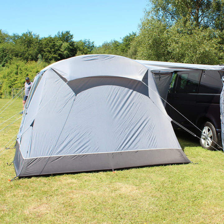 Outdoor Revolution Cayman Curl Air Mid Drive Away Awning rear view showing ventilation panel and tunnel door open
