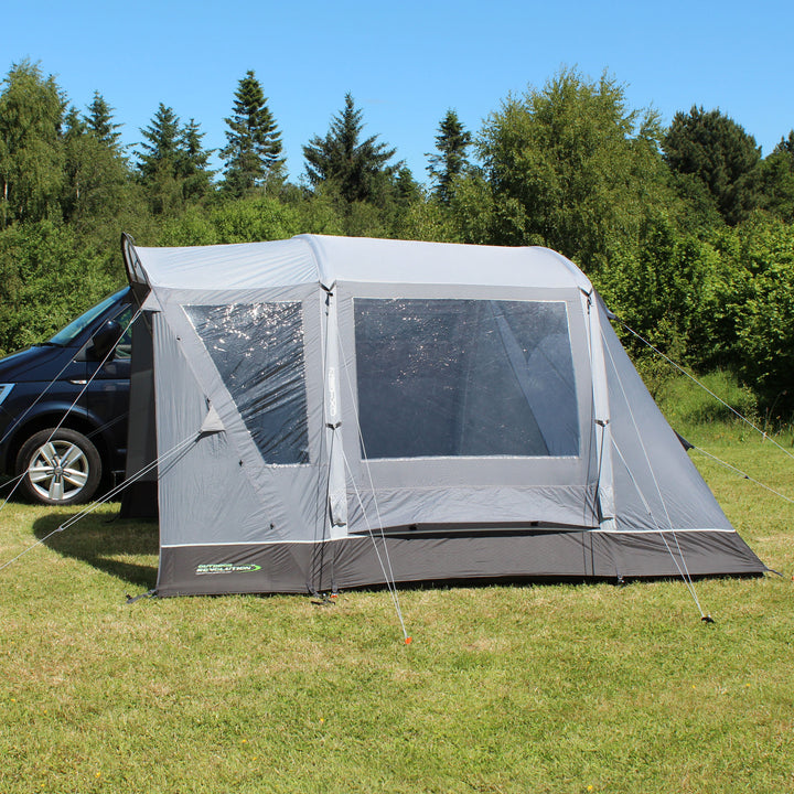 Outdoor Revolution Cayman Curl Air Mid Drive Away Awning Side View with guylines attached
