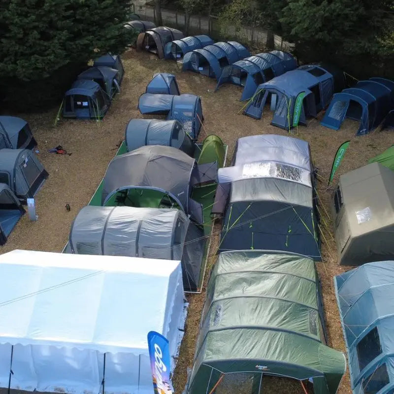 Aerial View of WM Camping's massive tent & awning display