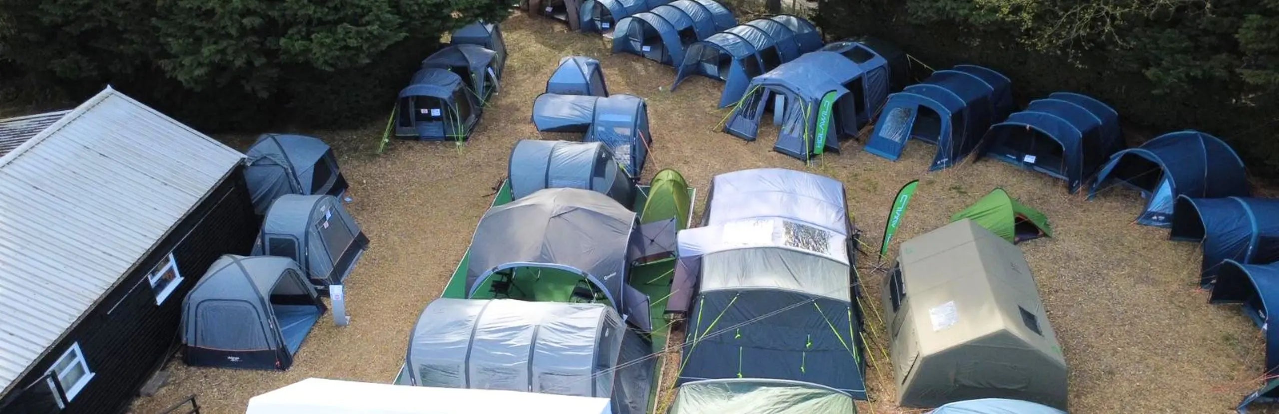 Aerial View of WM Camping's massive tent & awning display