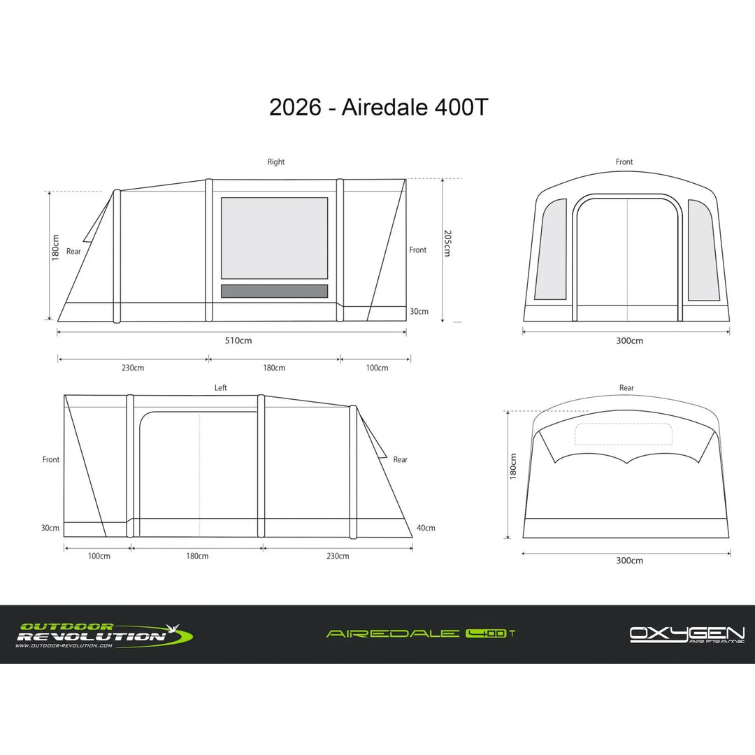 Technical drawing of an Airedale 400T with dimensions and branding at the bottom.