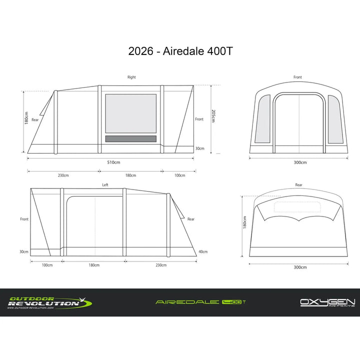 Technical drawing of an Airedale 400T with dimensions and branding at the bottom.