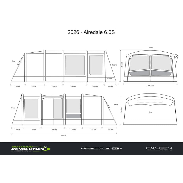 Technical drawing of an Outdoor Revolution Airedale 6.0s Tent with dimensions and branding.