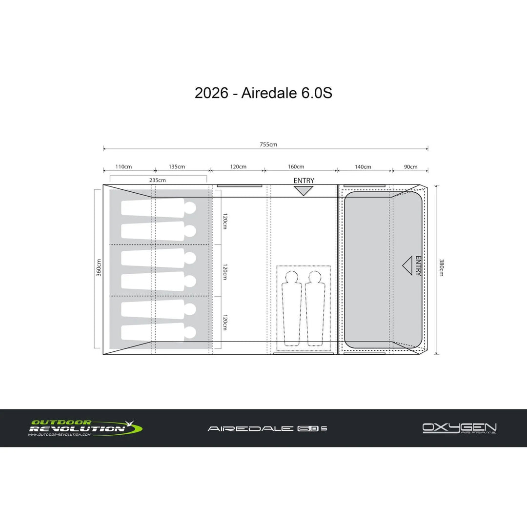 Technical drawing of a Outdoor Revolution Airedale 6.0s Tent with dimensions and labels on a white background