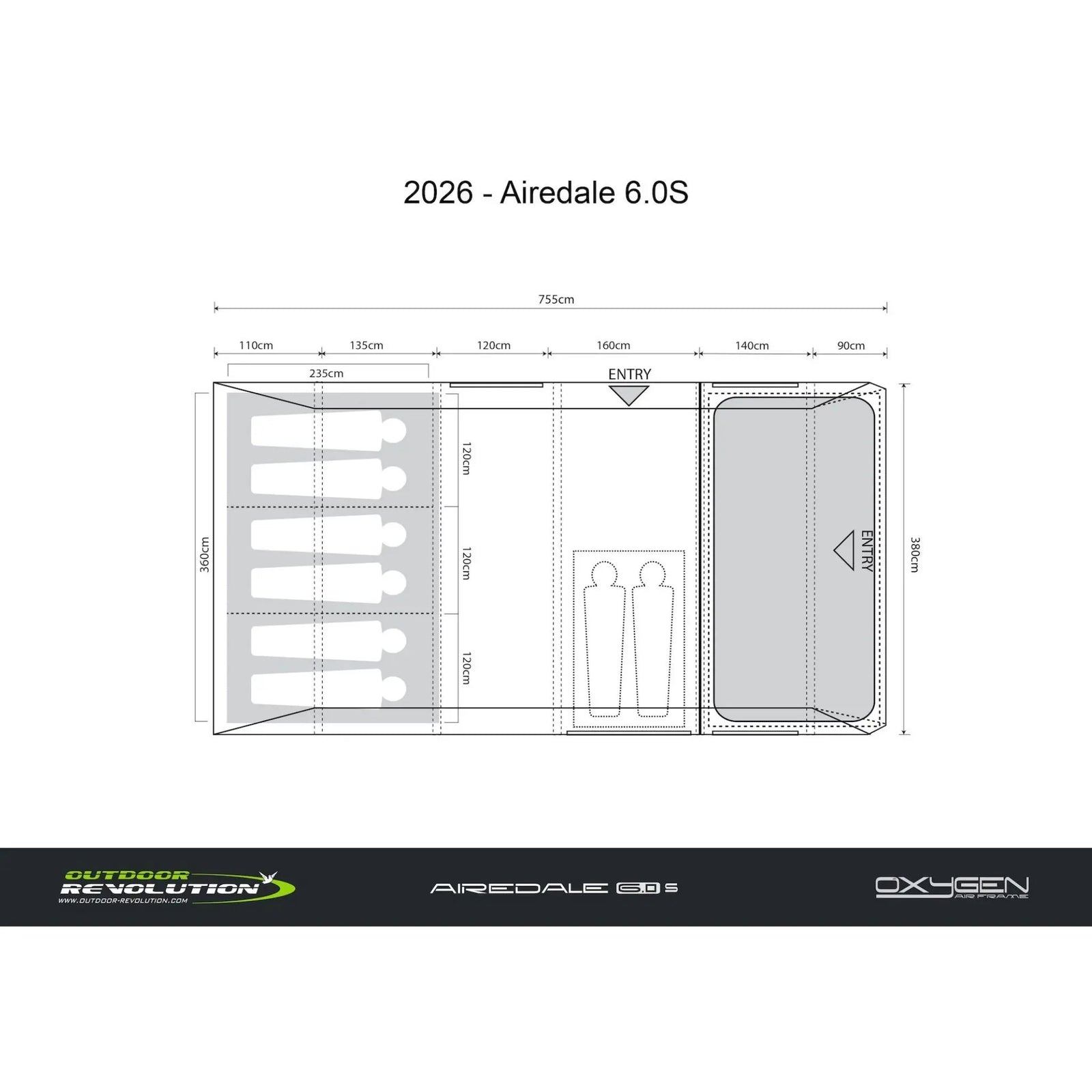 Technical drawing of a Outdoor Revolution Airedale 6.0s Tent with dimensions and labels on a white background