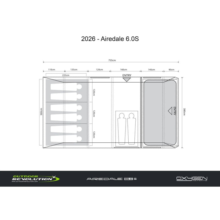 Technical drawing of a Outdoor Revolution Airedale 6.0s Tent with dimensions and labels on a white background