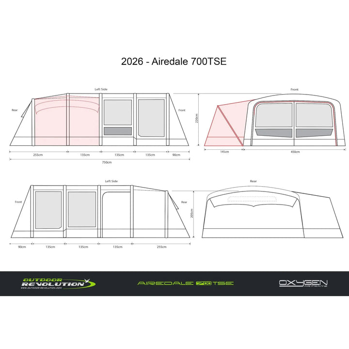 Technical drawing of a tent model 2026 Airedale 700TSE with dimensions and branding at the bottom.