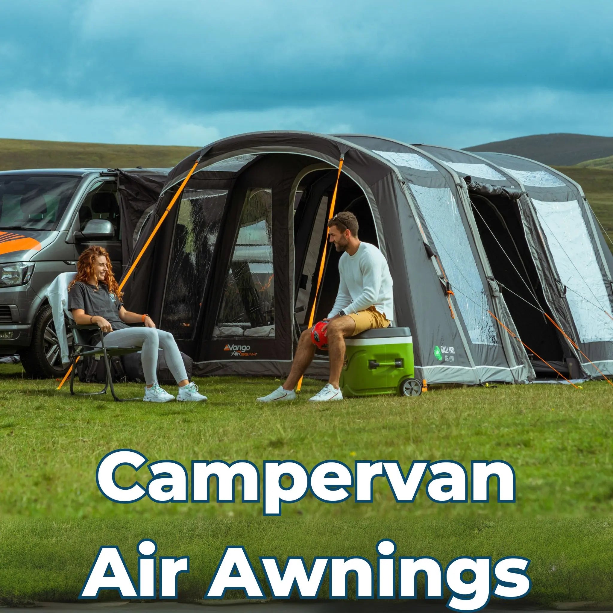 Vango Galli Air Pro Low air awning attached to a campervan, with a couple sitting outside enjoying the open space.