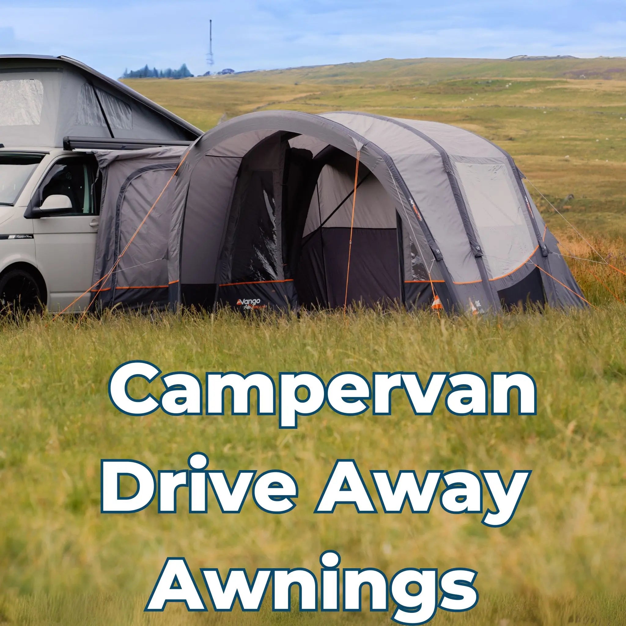 Vango drive-away awning attached to a campervan in a scenic field, providing extra shelter and space.