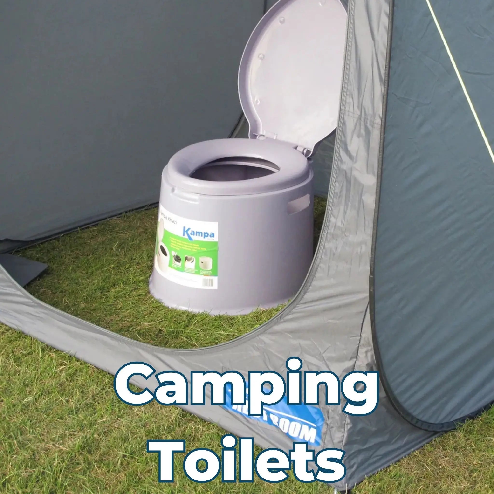 Camping Toilets – A portable Kampa Khazi camping toilet set up inside a small privacy tent on a grassy surface.