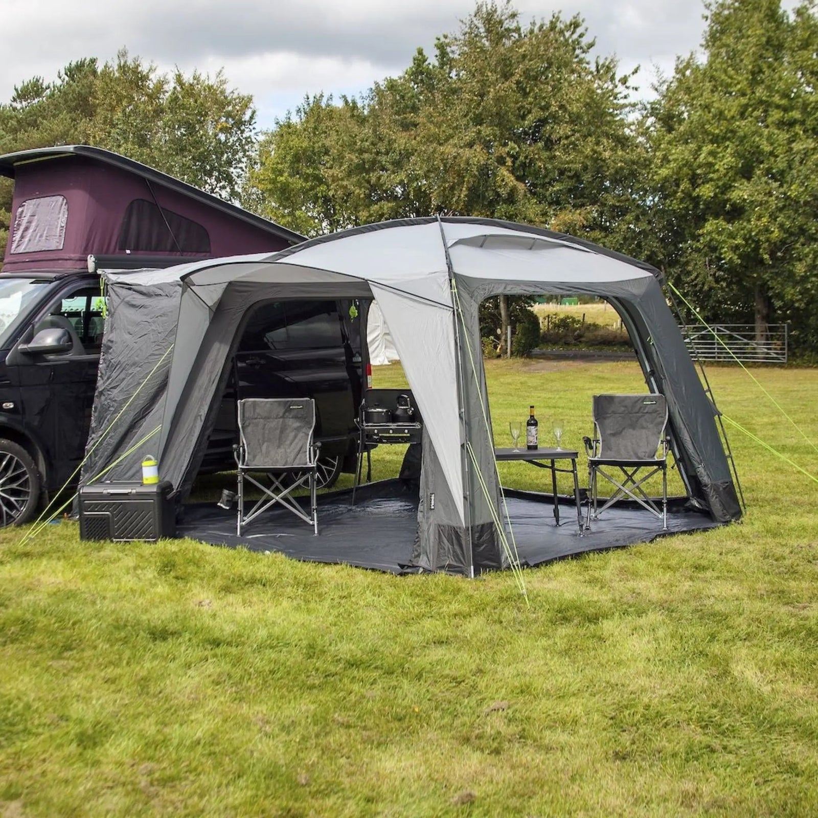 Outdoor Revolution Cayman Cuda DT Low Drive Away Awning with doors open.