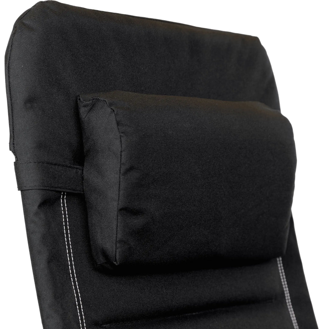 Padded black headrest and cushioned backrest of the Dometic Serene Firenze Relaxer Chair for enhanced comfort and support.